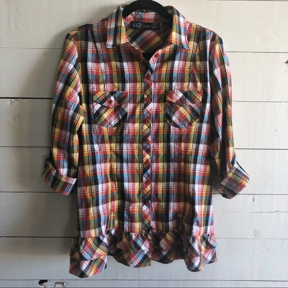 IQ Authentic Brand Plaid shirt with ruffles.